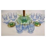 Depression glass console bowl & candlesticks, some