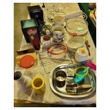 Pyrex pie plate, soup bowls and saucers, drinking