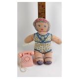 Vintage cloth doll and pink plastic phone set