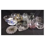 4 clear glass bowls and serving plates, tinted