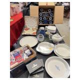 Pyrex pie pans, China tea pot, coffee mugs