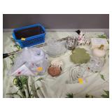 Chopper, serving bowls, cat figurine, candle