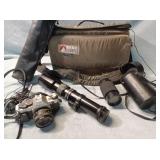 Canon camera, large scope, camera bag
