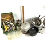 Vintage Pyrex pans, knives, cheese slicer,