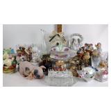 Ceramic serving trays, angel figurines, glass