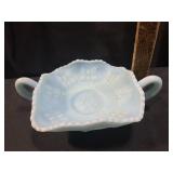 Fenton blue satin glass handled butterfly dish