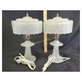 Set of Art Deco satin glass boudoir lamps, one