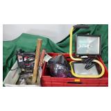 Assorted tools, jigsaw, halogen lights, bulbs