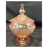 Pink depression glass covered candy dish (small