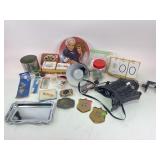 Belt buckles, calendar, playing cards,