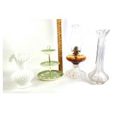 Oil lamp, 16" clear glass vase, milk glass vase,