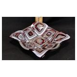 Art glass dish- red gray and white