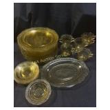 Vintage depression glass dishes (plates, teacups