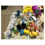 Assorted mugs, Coca Cola glasses, Playskool cars,