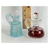 Fenton blue opalescent glass hobnail cruet, ruby