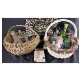 Wooden basket (some wear), glass liquor bottles,