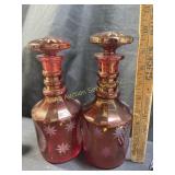 Ruby flashed etched glass decanters