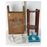 Wooden magazine holder, dust pan and brush,