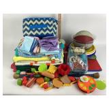 Assorted toy, plastic food, cloth bags, and