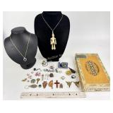 Brass eagle hooks, costume clown necklace, Native