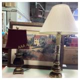 MCM Brass table lamp. Framed picture of farm