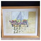 Brick house, flowers in window scene Watercolor