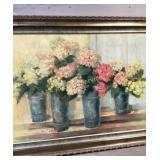 Mixed medium painting, hydrangeas in vases by CR