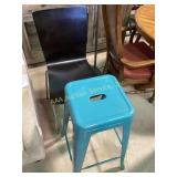 Teal square top metal stool 29 inches high.