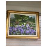 Framed mixed medium iris garden painting by