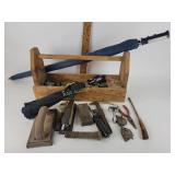 Handmade wooden toolbox and handle with stapler.