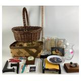 Wooden GE desk clock. Various clear glass flower