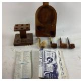 Wooden pipe holder with three wooden pipes and