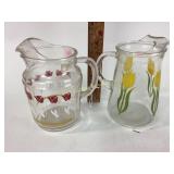 2 MCM clear glass pitchers with yellow tulips and