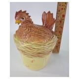 Rooster cookie jar, red paint on the letters has