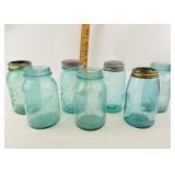 Green glass mason ball jars seven 2 lids two
