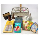 Metal covered bridge toy. Oil funnels. Various