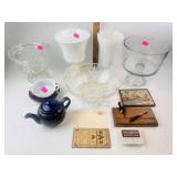 Opalescent to handle dish with crack. milk, glass