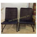 Woven armless, patio chairs, brown metal frame.