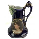 Victorian Cobalt Porcelain Portrait Pitcher