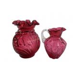 Fenton Cranberry Glass Vase & Small Pitcher