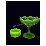 Uranium Vaseline Opalescent Glass Compote & Salt C