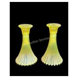 Pair Uranium Vaseline Opalescent Glass Candlestick