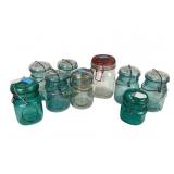 Ball ideal lock jars, clear glass and teal glass.