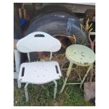 Shower seat, metal garage stool, paint chipped