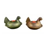 Amber glass hen on a nest, green glass