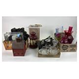 Crystal bowl, hanging candle holders, milk glass