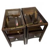 Pair of glass top dark wood end tables with