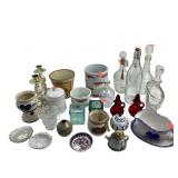 Glass decanters (4), ruby glass cruets (2), green