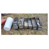 [13] metal boxes with dividers, [2] tomato cages,