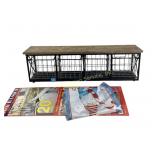 Metal shelf with wood top wire baskets and